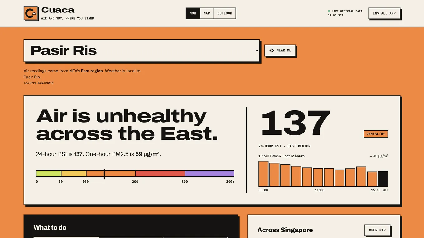 Cuaca Now view showing air quality and weather for Pasir Ris
