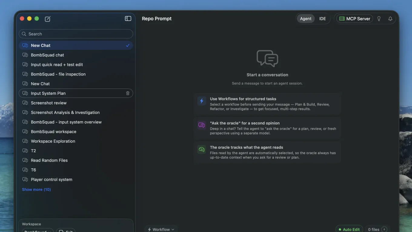 RepoPrompt CE agent session window with the chat list, the workflow tips and the Codex CLI model selector
